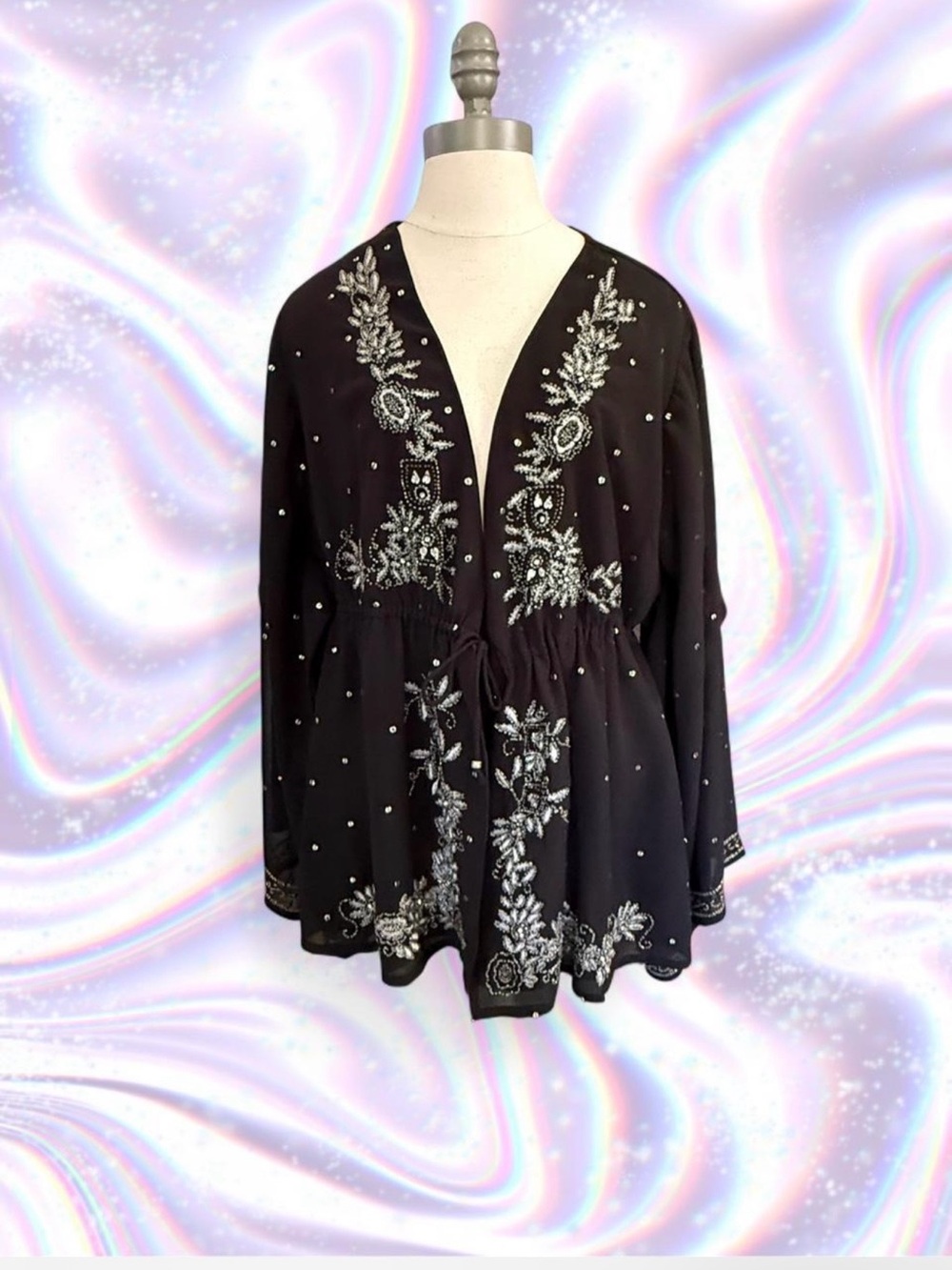 American Vintage Black Embroidered V-Neck Blouse with Silver Accents